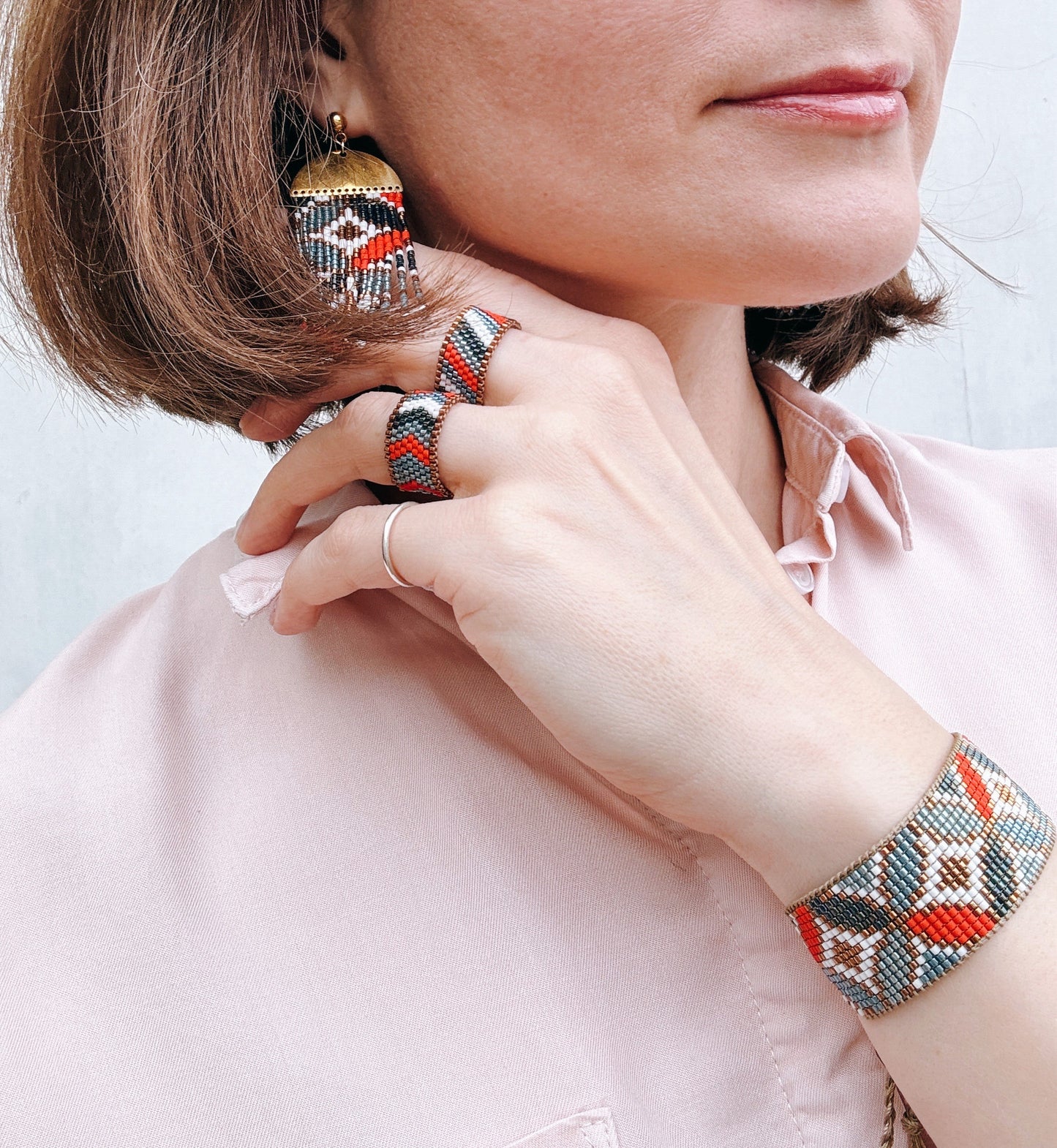 Red blue flower fringe earrings