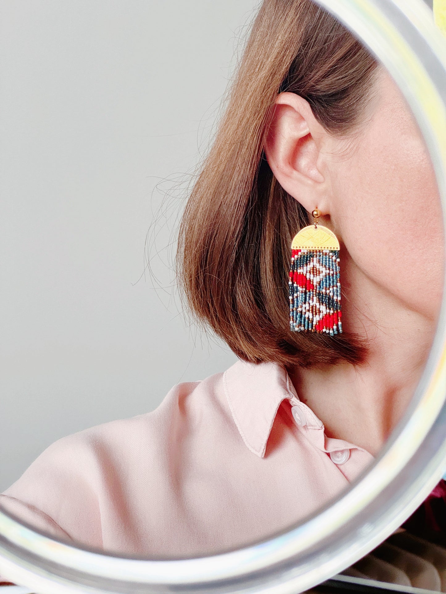 Red blue flower fringe earrings