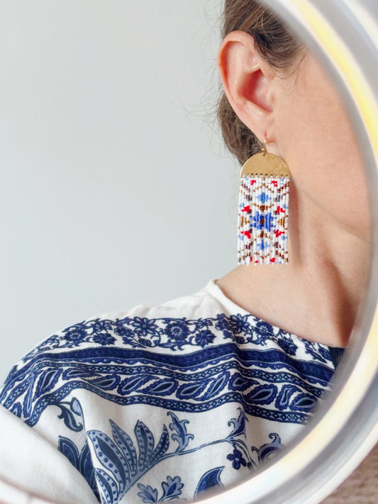 White-blue mosaic fringe earrings